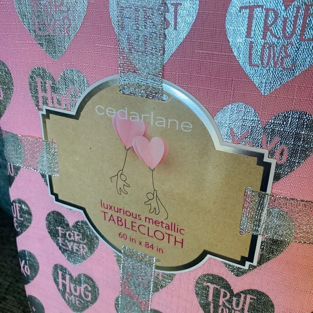 Pink Silver Metallic Hearts Valentine Tablecloth